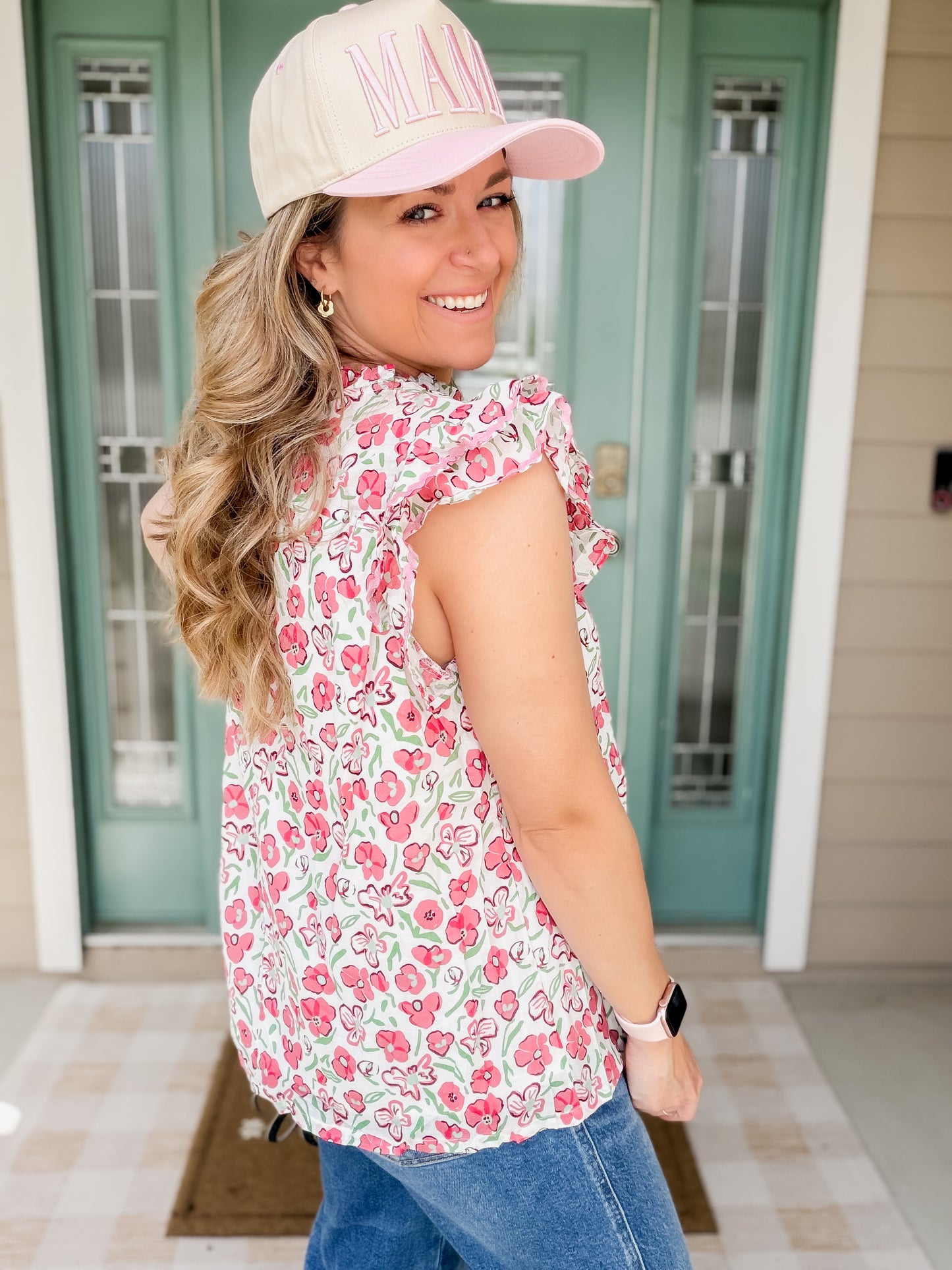 Pink Floral Ruffle Sleeve Top