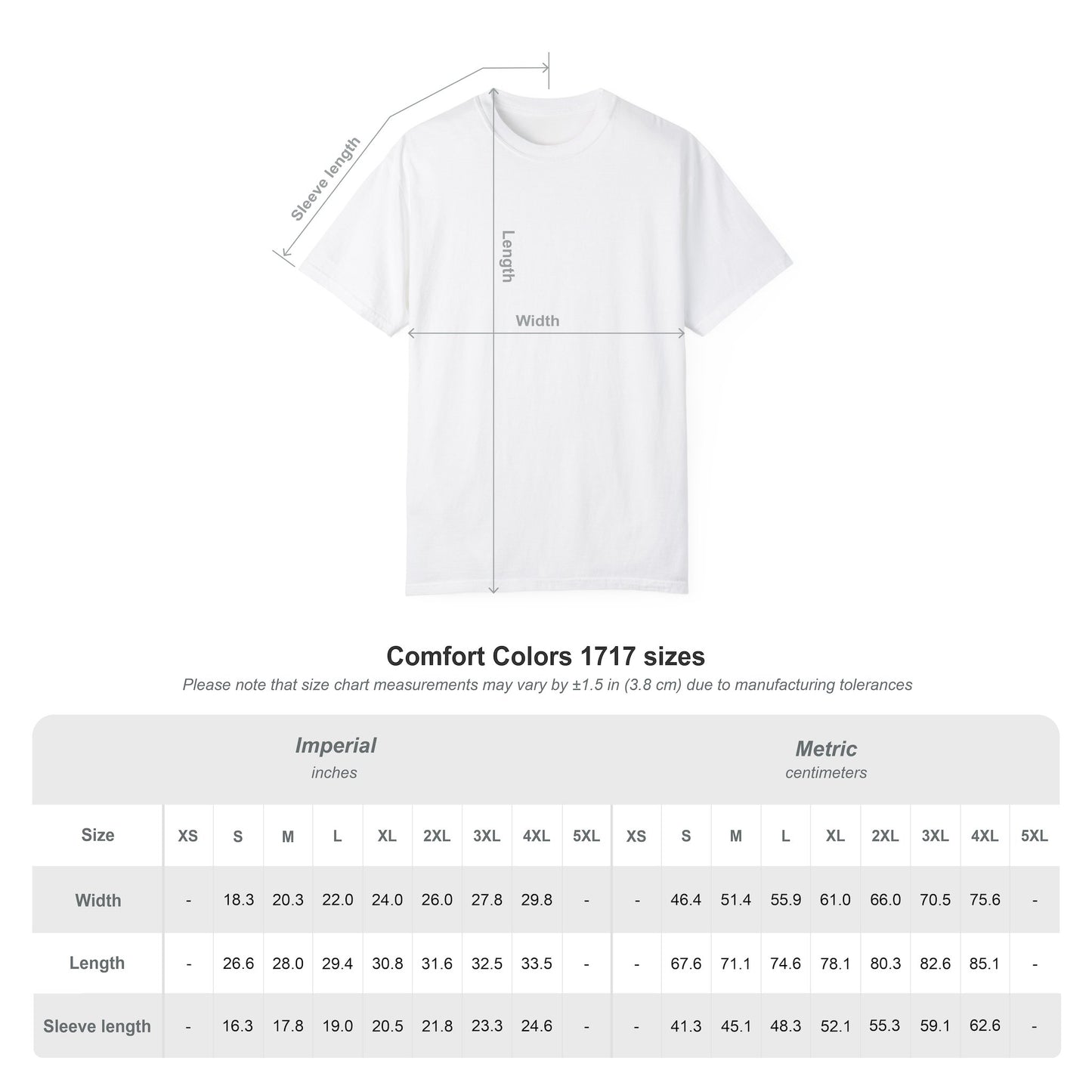 comfort colors size chart
