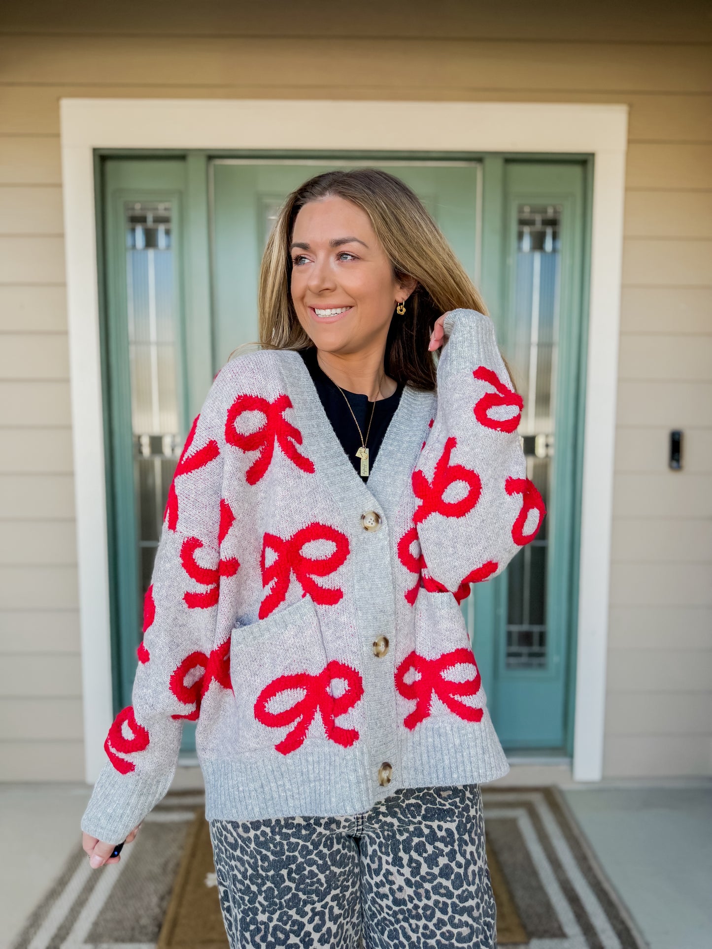 Coquette Chic Cardigan - Grey & Red