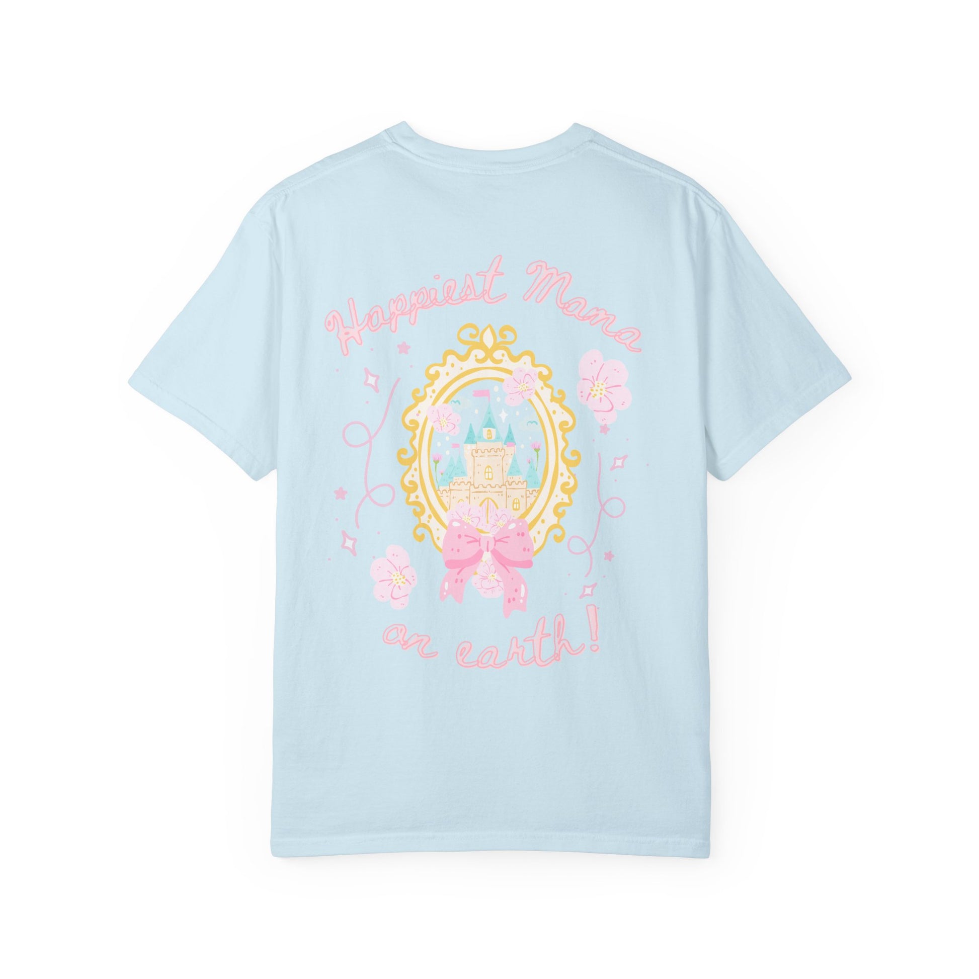 Light blue t-shirt with decorative text  "happiest mama on earth" and design on a white background