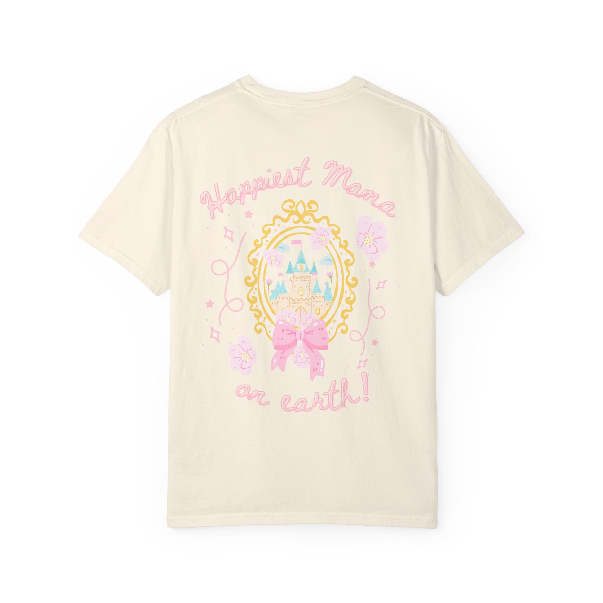 Beige t-shirt with "happiest mama on earth" design on a white background