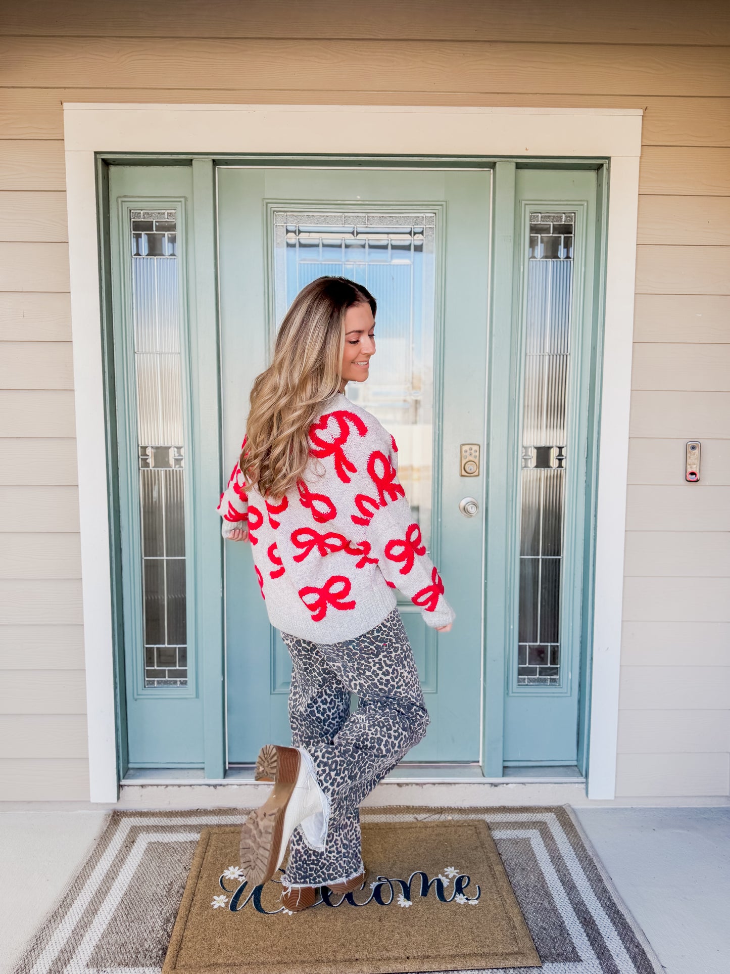 Coquette Chic Cardigan - Grey & Red