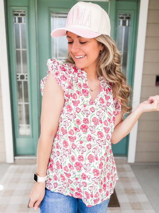 Pink Floral Ruffle Sleeve Top