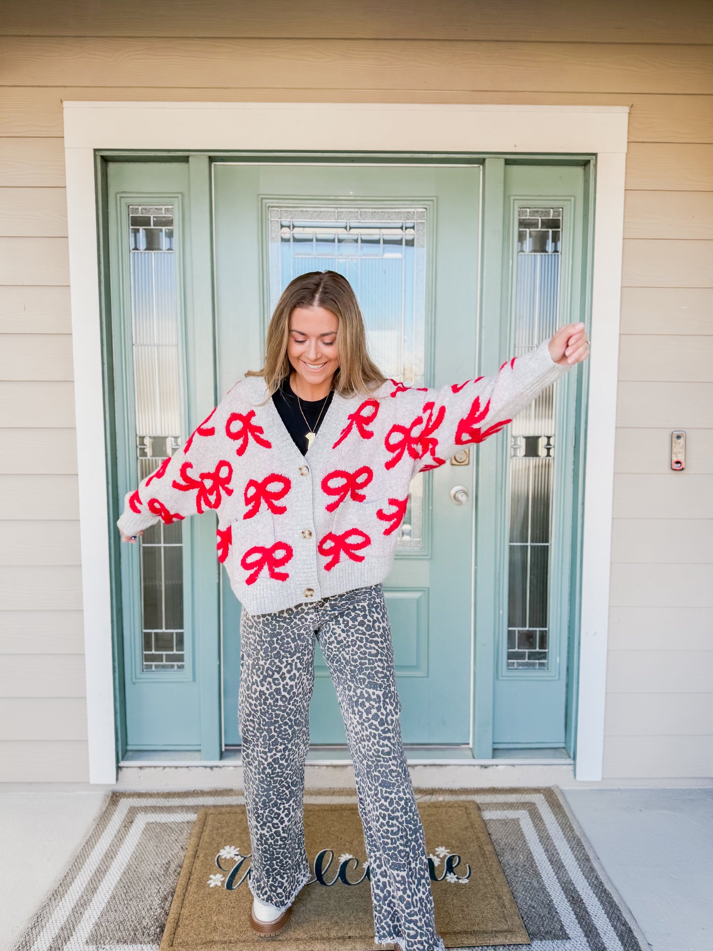 Coquette Chic Cardigan - Grey & Red