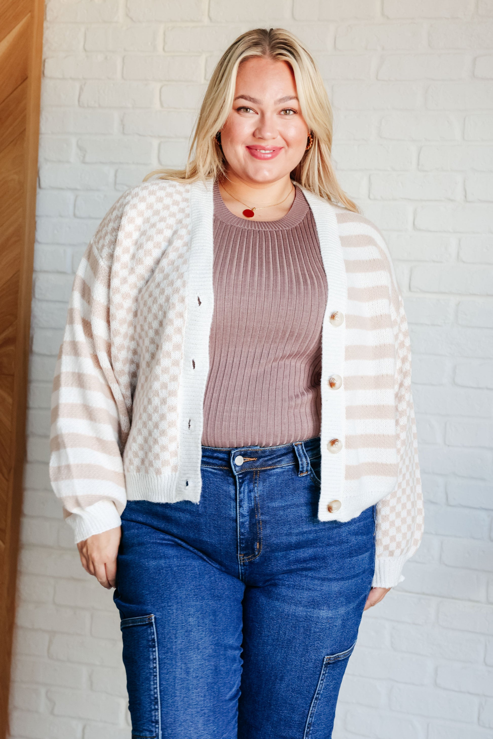  Check That Line Cardigan and enjoy the mix of neutral checks and stripes styled with tank and jeans size XL