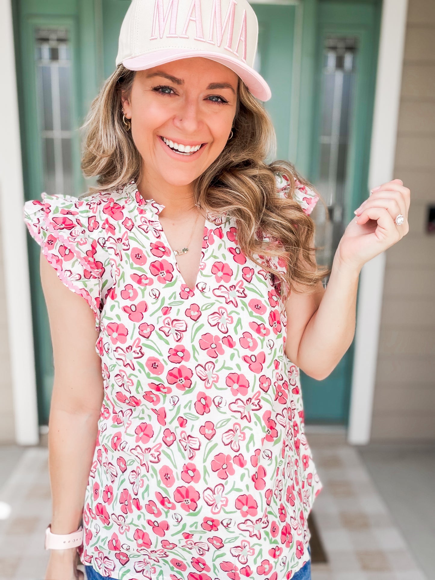 Pink Floral Ruffle Sleeve Top