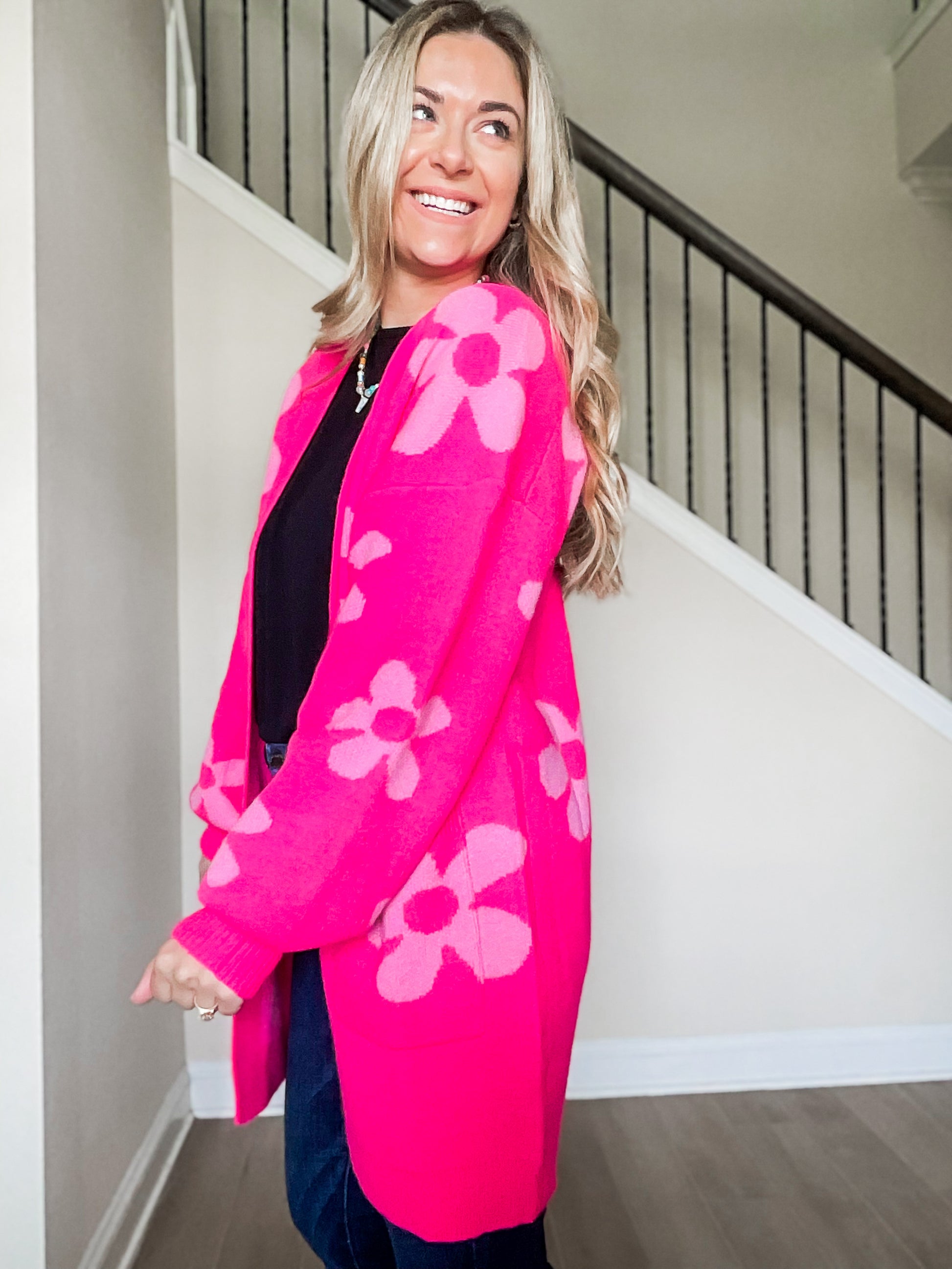 Enough Anyways Floral Cardigan in bright pink and soft pink flowers