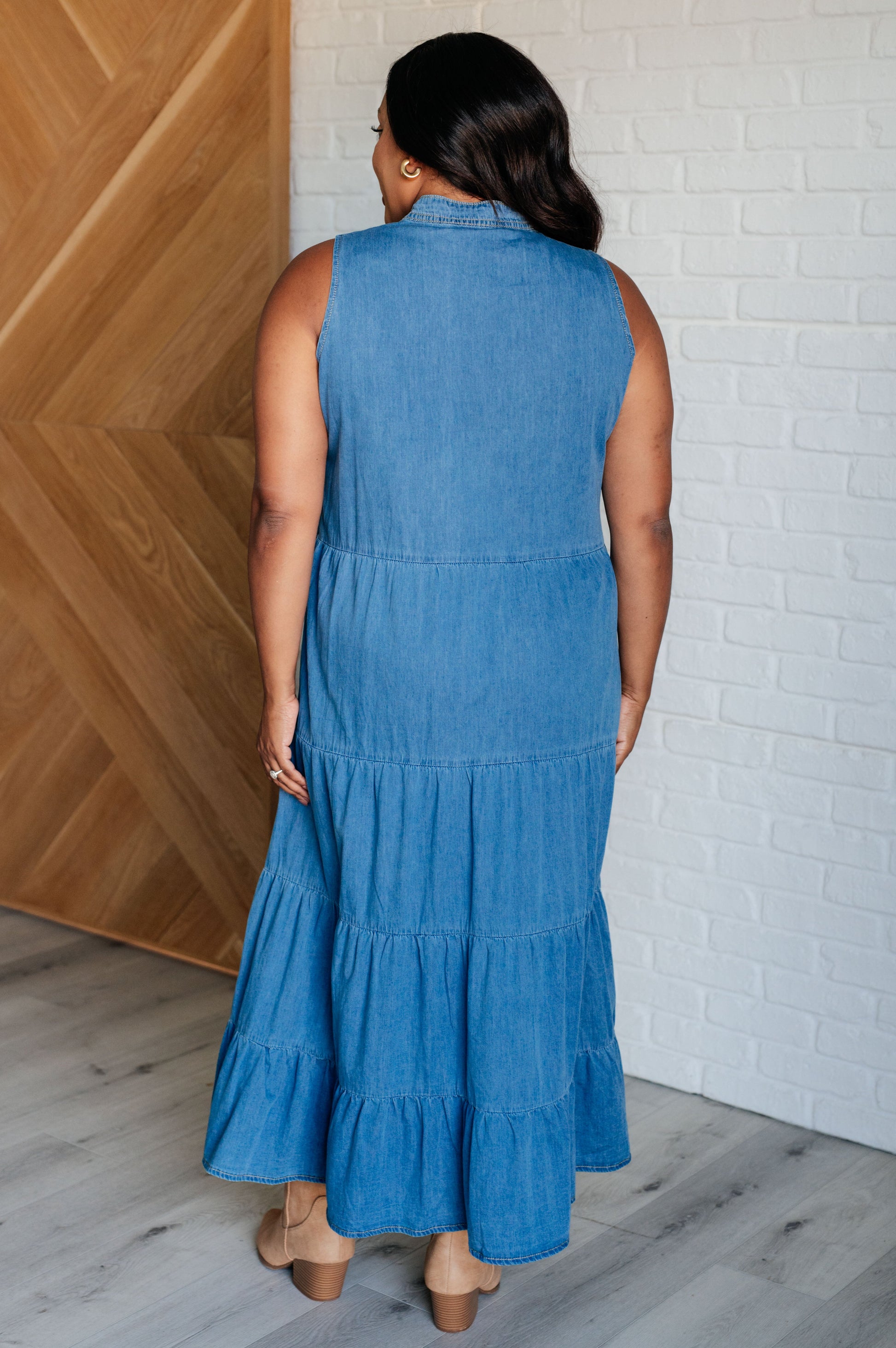 back view blue denim maxi dress