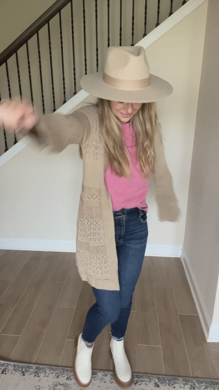 video of Kinsley knit cardigan with elegant knit details and longer length. 